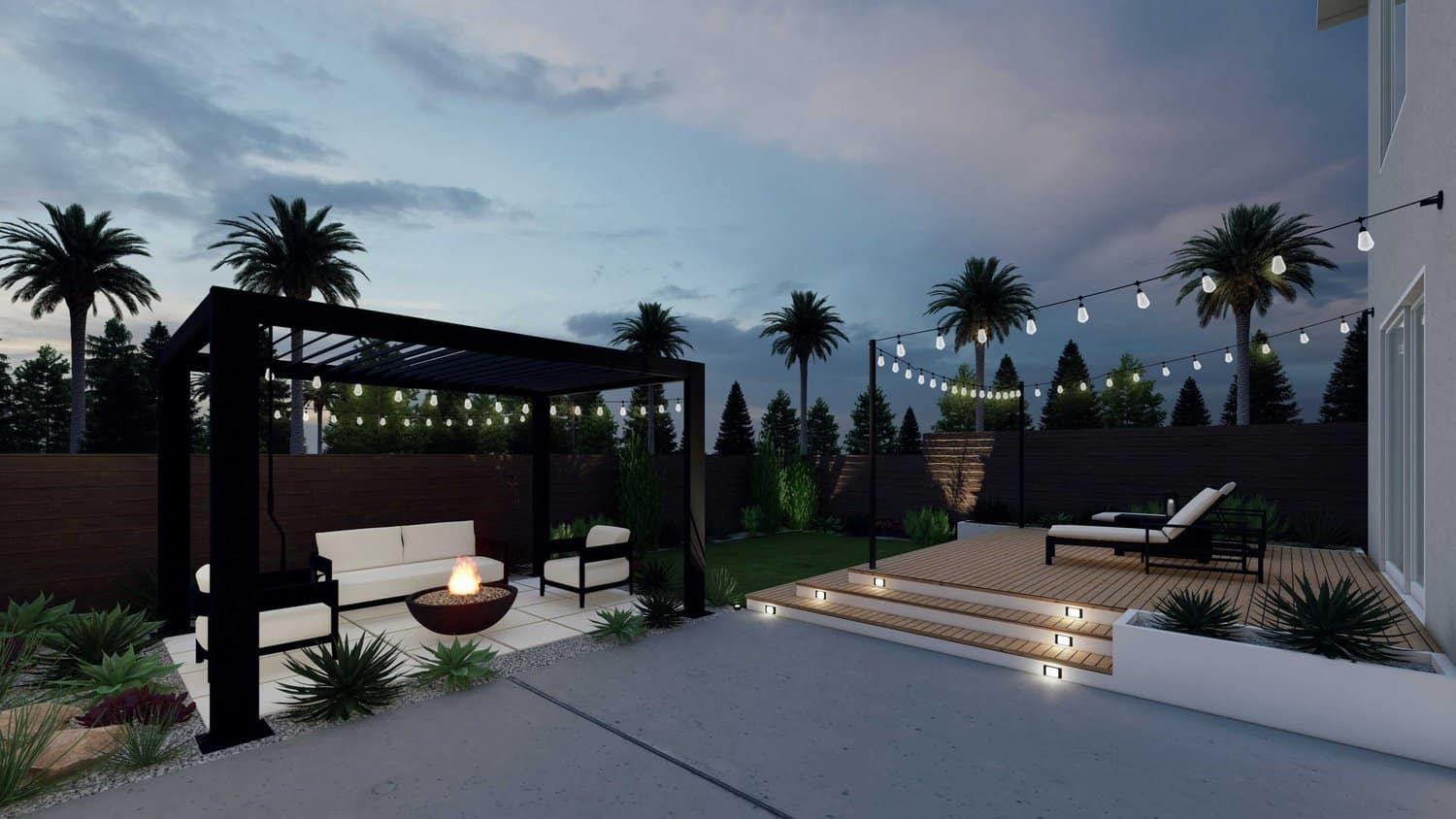 Los Angeles full backyard showing paver patio and pergola seating area with firepit, plants and grass, gravel, concrete flooring and deck with string lights