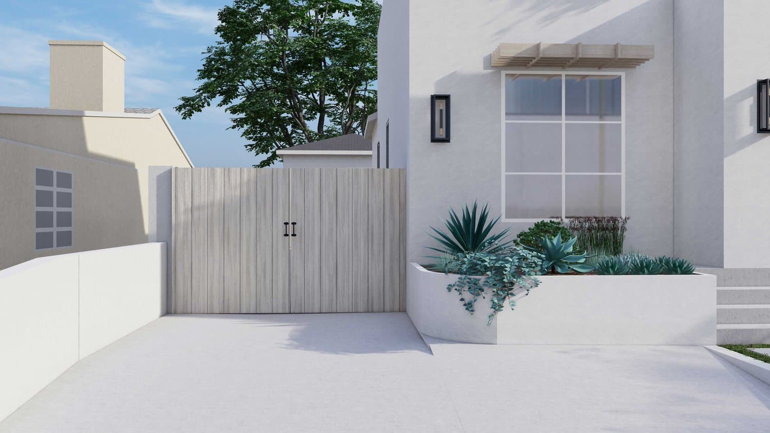Los Angeles concrete front yard with plants, fence and gate