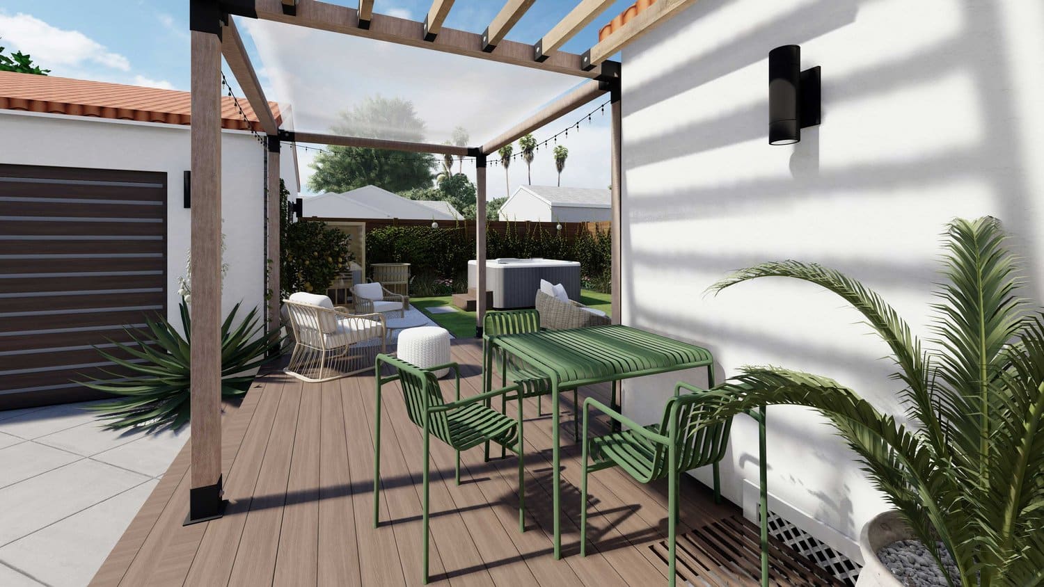 Los Angeles long side yard with deck and pergola seating area