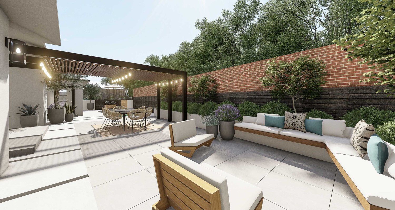 Los Angeles full backyard with concrete pavers showing outdoor lounge area, pergola over dining area, plants and trees