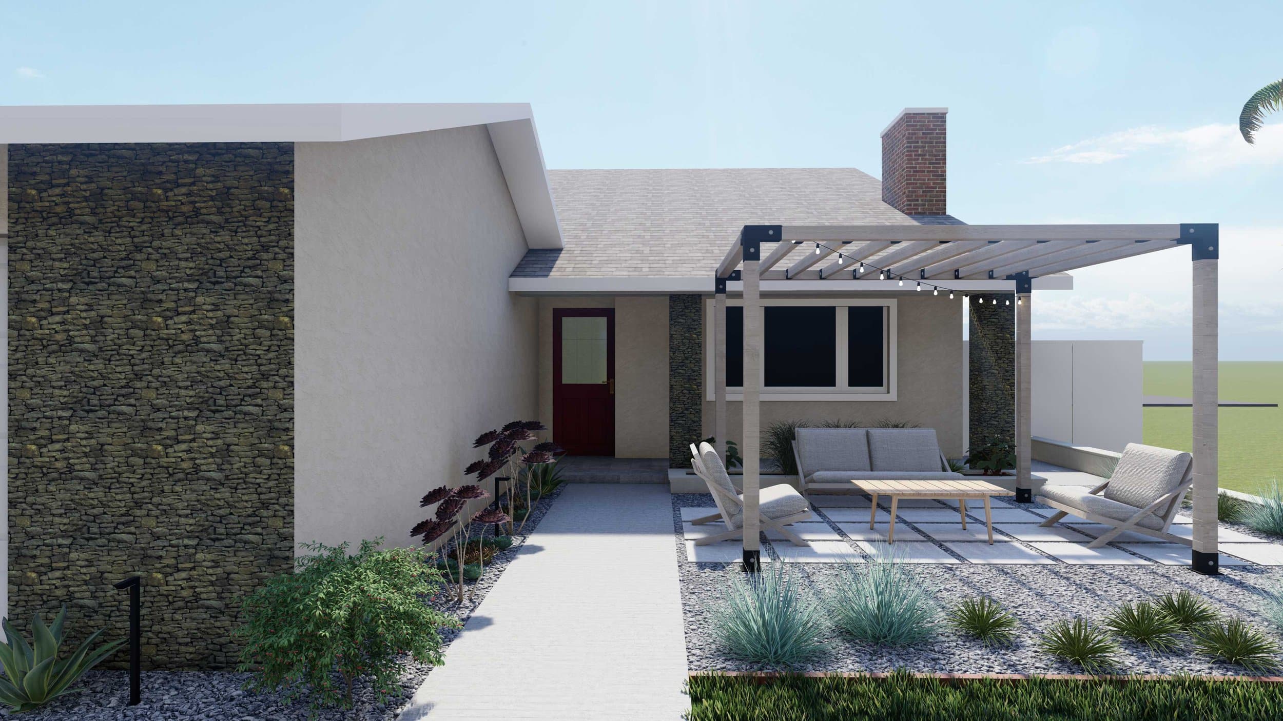 front yard with pergola-covered paver patio and lounge area