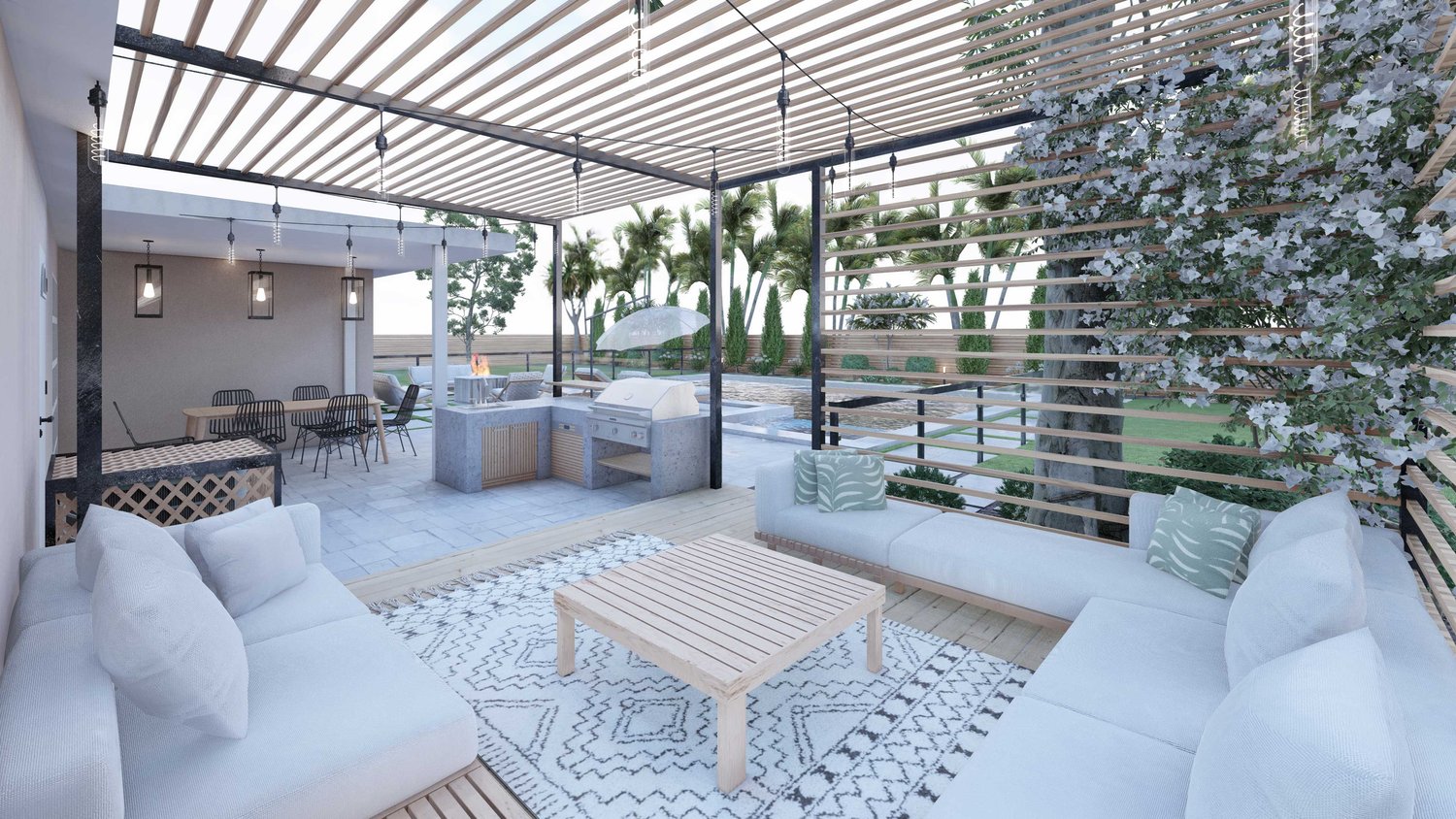 Miami backyard patio and outdoor kitchen with trellis