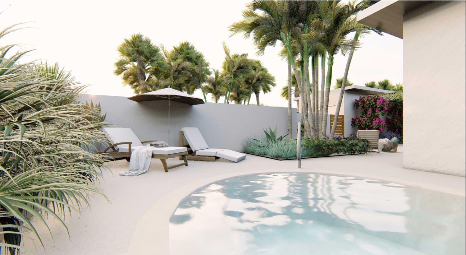 Miami yard with pool and lounge chairs with shade