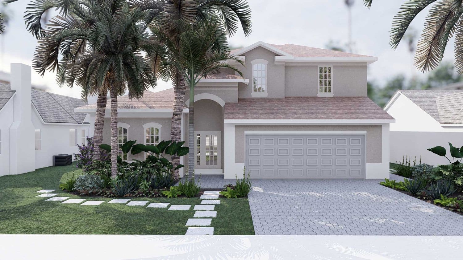 Miami yard with paver and lawn on the side with trees