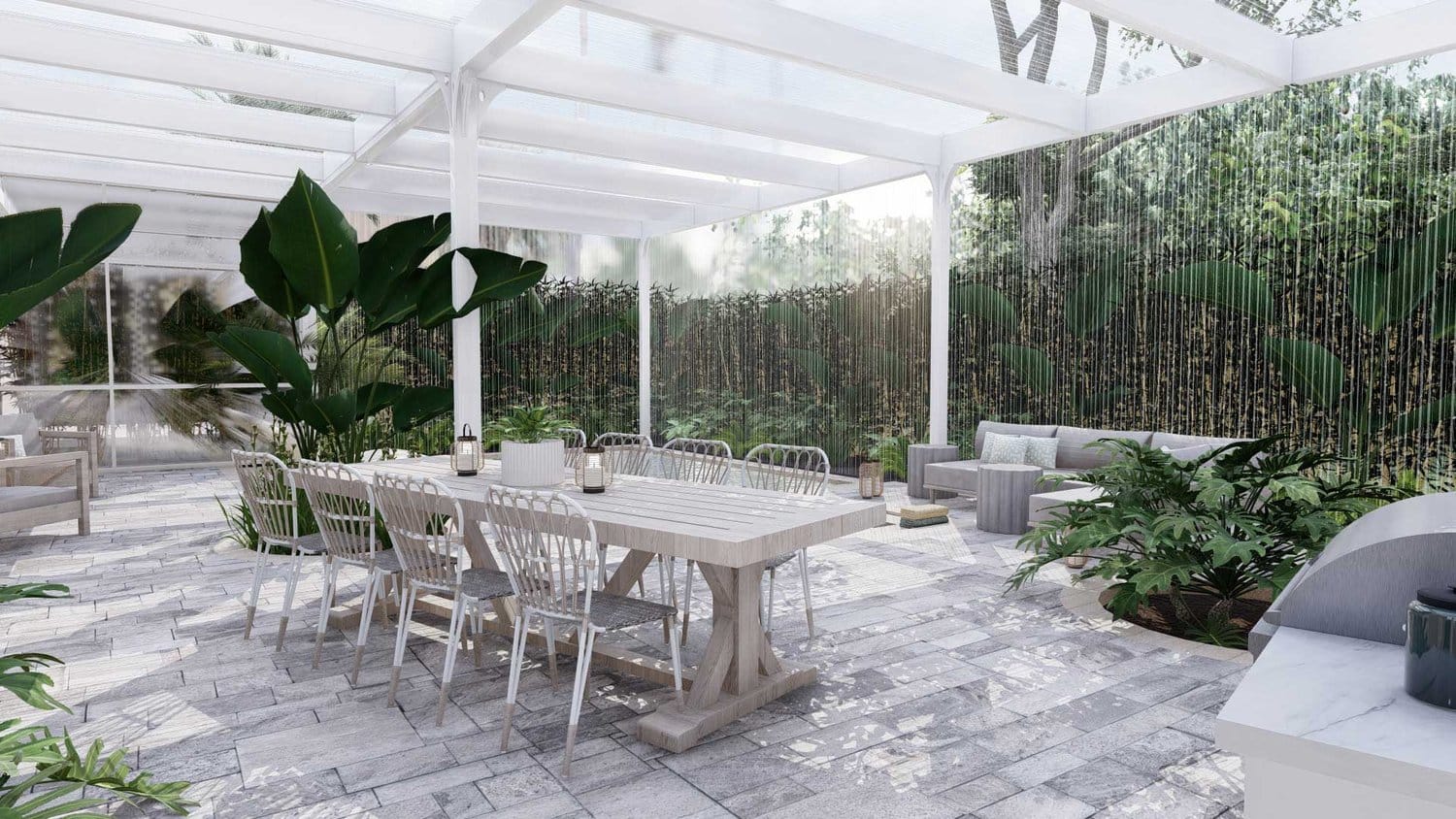Miami yard with dining area, pergola and green wall