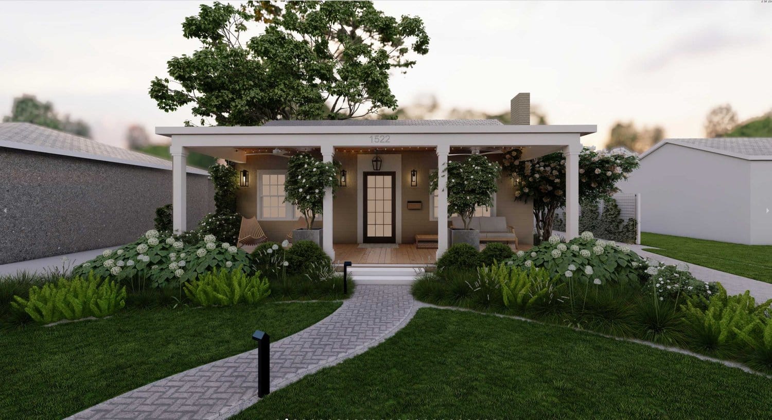 Miami front yard with walk way, lawn on both sides and beautiful flowers
