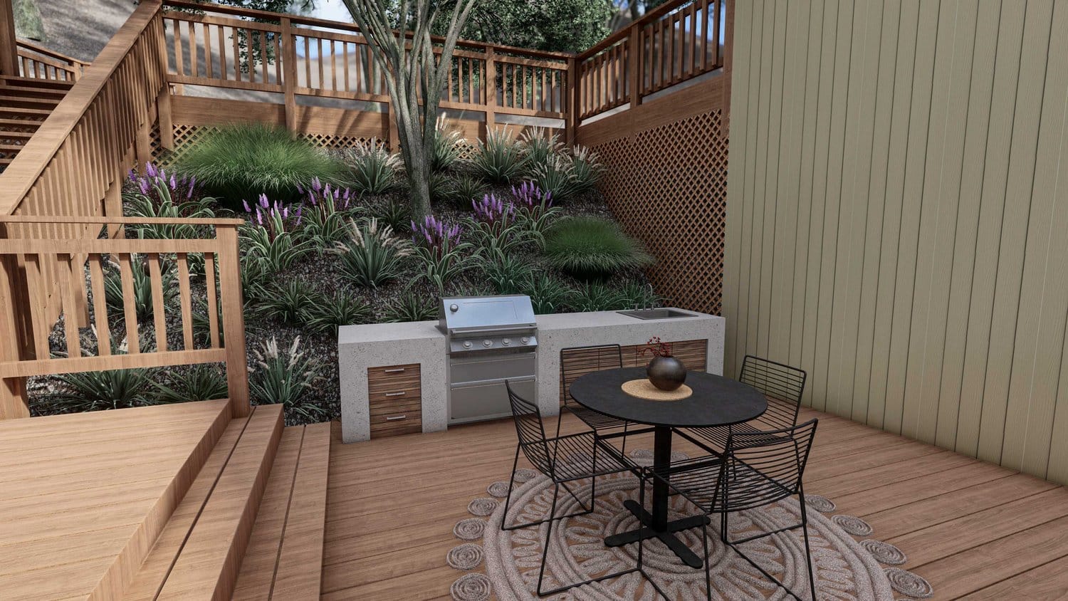 Mill Valley small backyard kitchen area with dining set and plants
