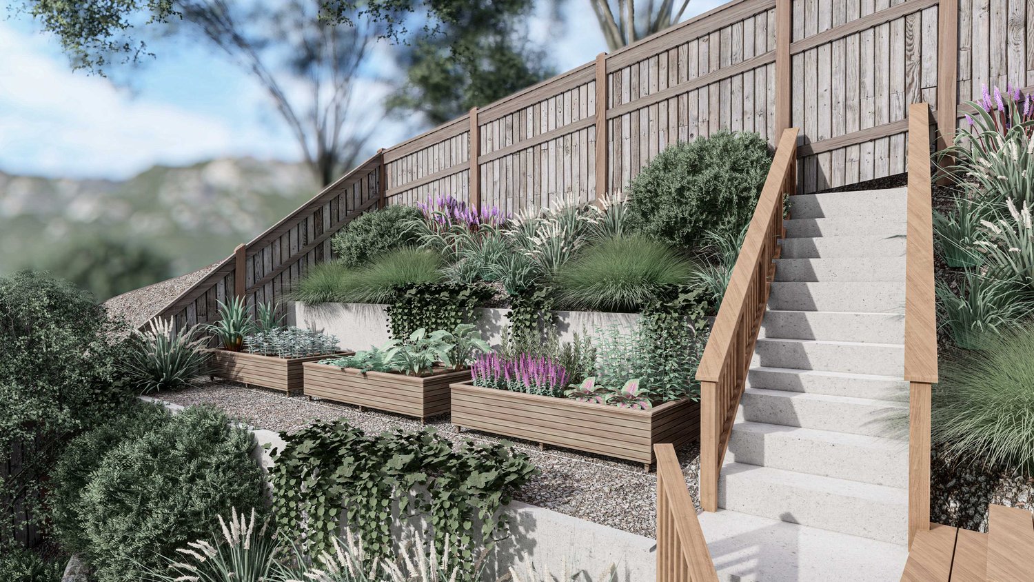 Mill Valley side yard with concrete stairway, wooden fence, and plants