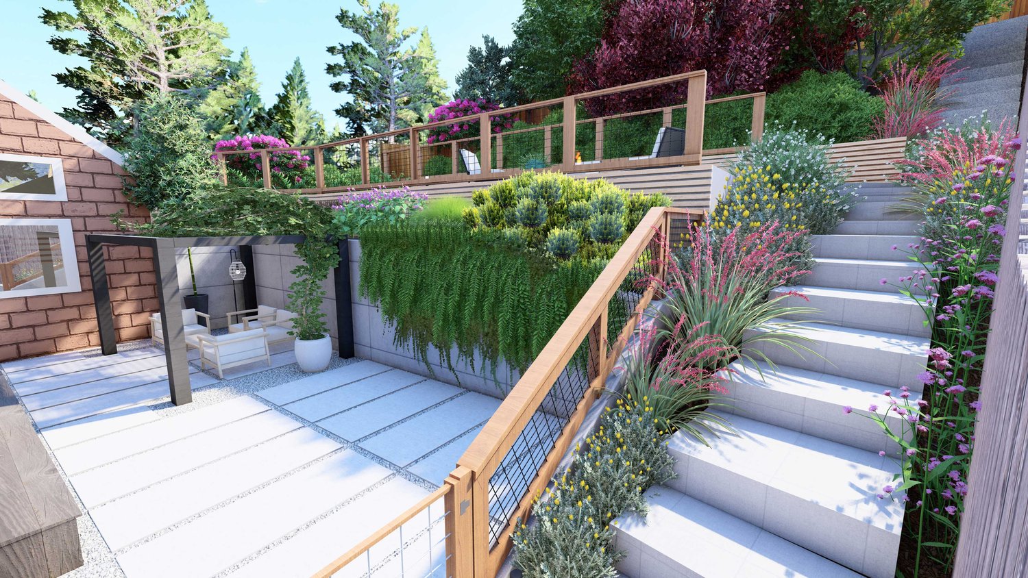 Mill Valley backyard showing gravel and paver patio with pergola over seating area, decorated stairway and plants