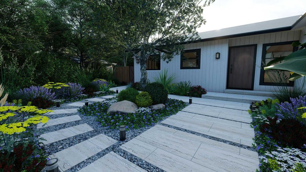 Paved courtyard design with plants and trees in Napa