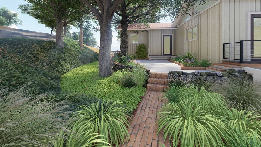 Paved side yard design with plants and trees in Napa
