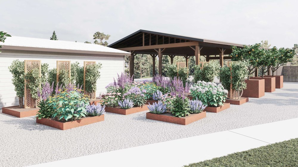 Napa backyard design showing pavilion with plants and trees