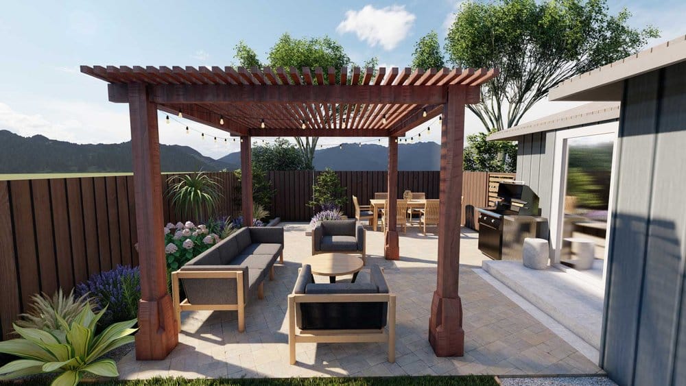 Fenced yard showing outdoor kitchen and patio design in Napa