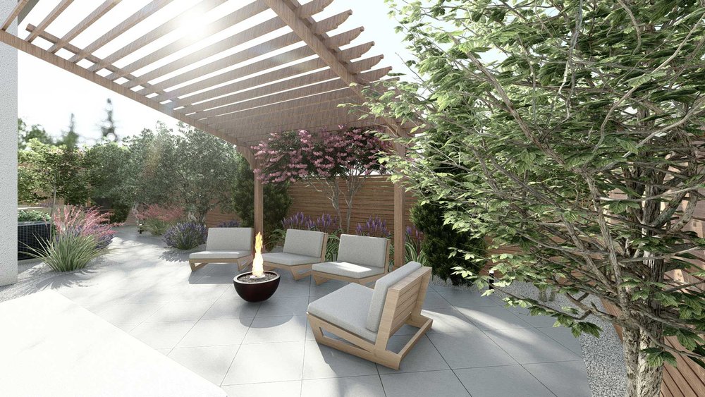 Napa yard with fire pit and pergola design
