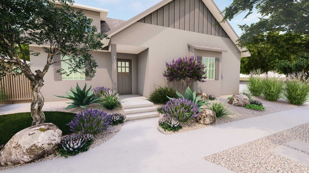 Napa paved front yard design with succulent plants