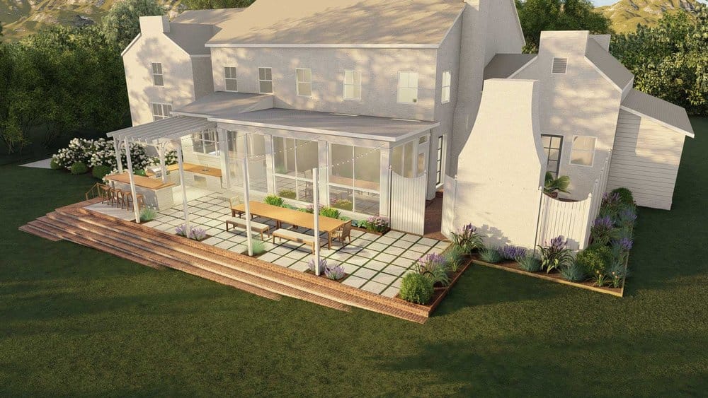 Front view of Nashville yard design with outdoor dining area