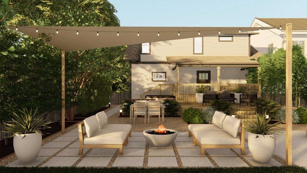 Nashville yard design with fire pit and hanging lights