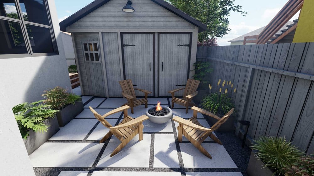 Oakland fenced yard with fire pit