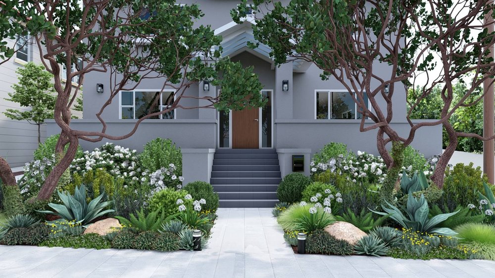 Oakland front yard design with plants and trees