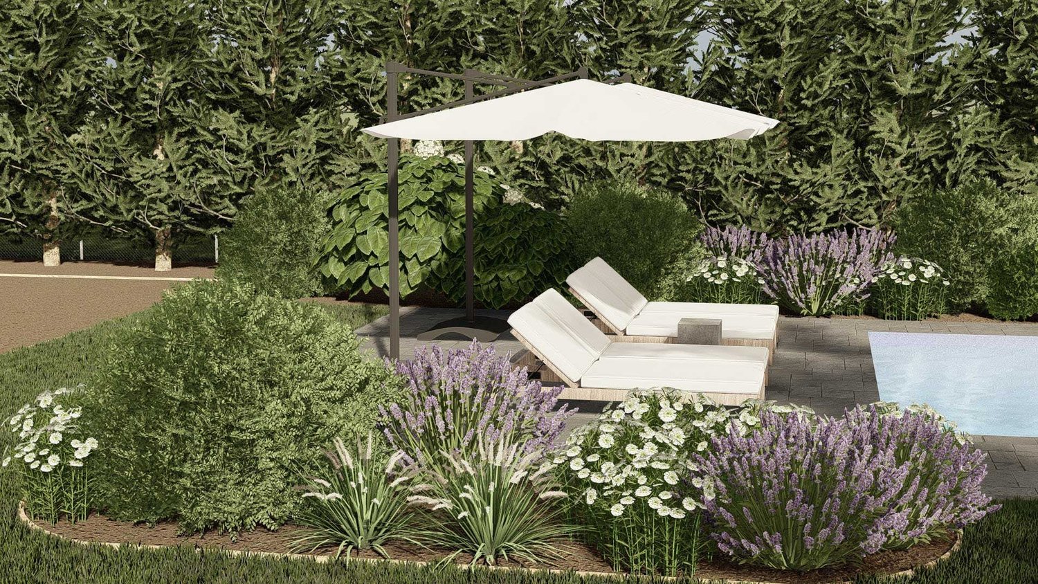 Ocean City backyard garden with sunbrella over sun loungers