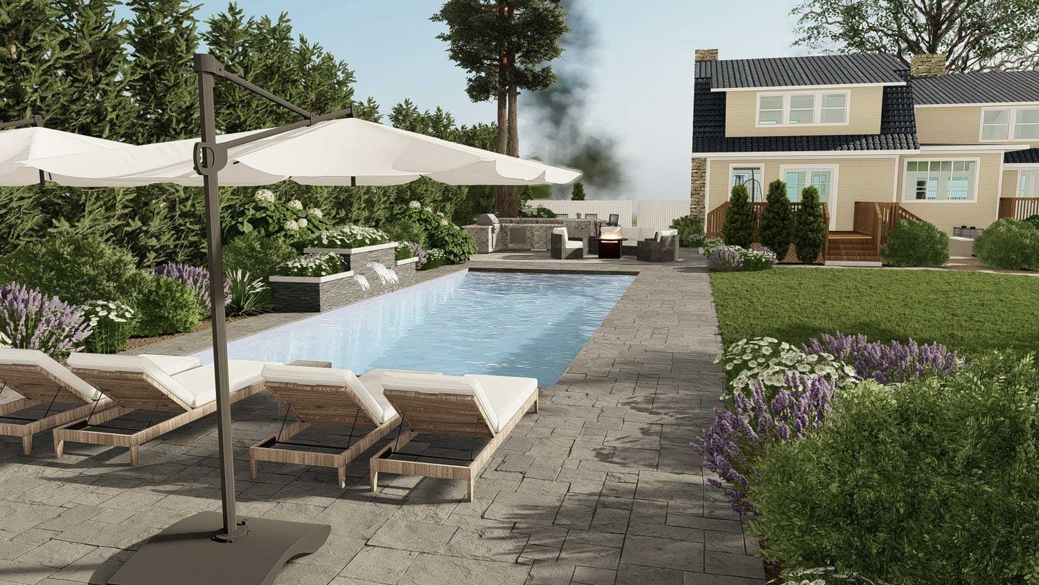 Ocean City in-ground pool with concrete paver deck and sun lounging area in a backyard garden