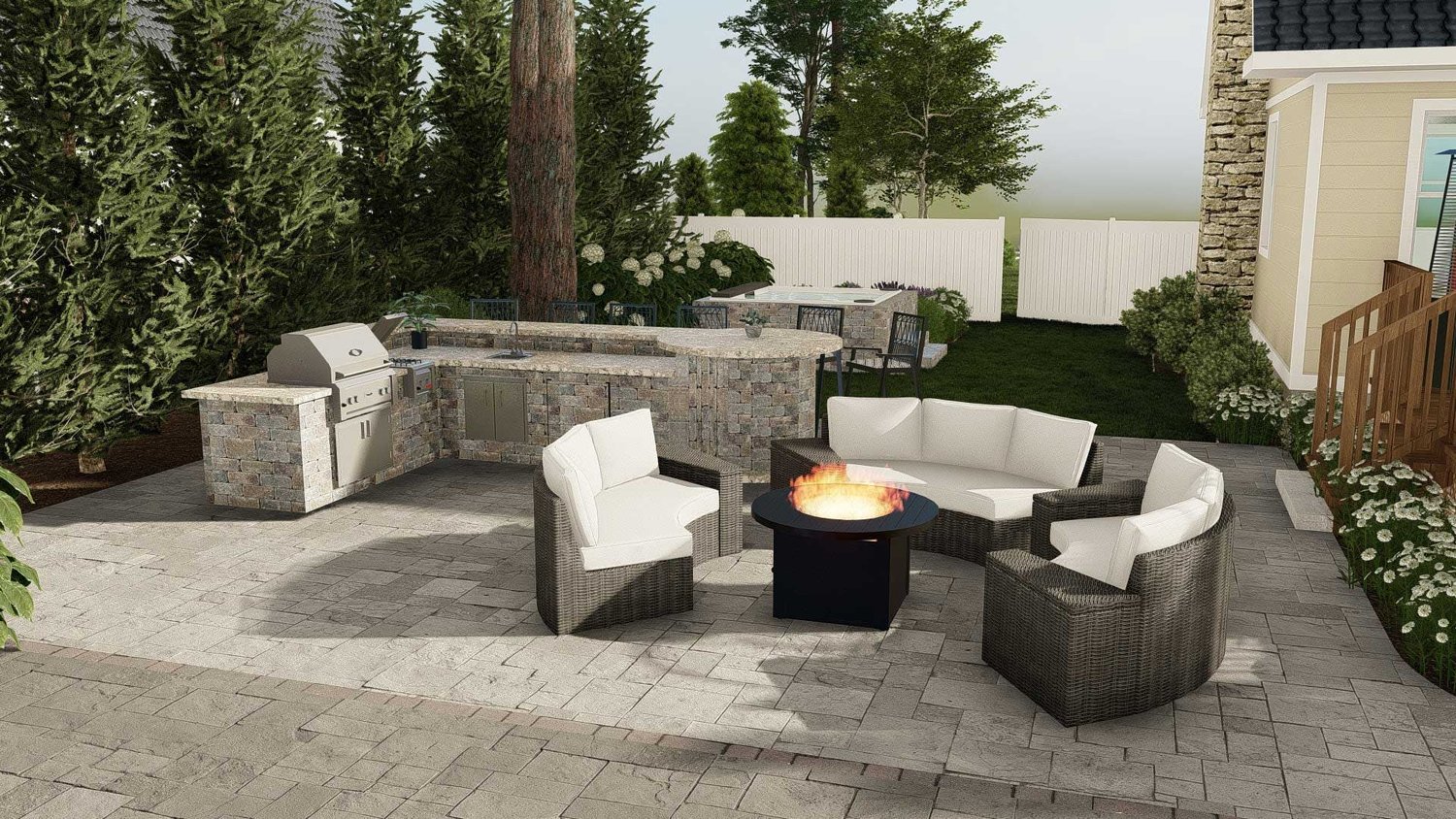 Ocean City backyard concrete paver patio with fire pit seating area and outdoor kitchen
