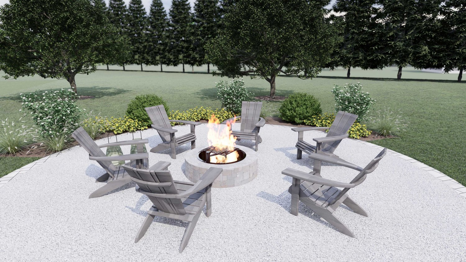 Ocean City gravel patio with adirondack chairs around fire pit
