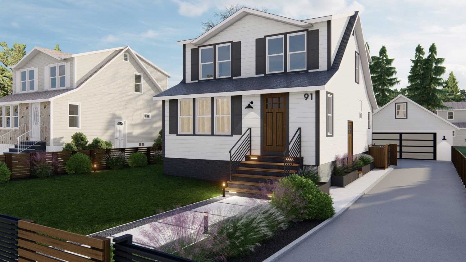Ocean City front yard design with concrete drive way and paver path