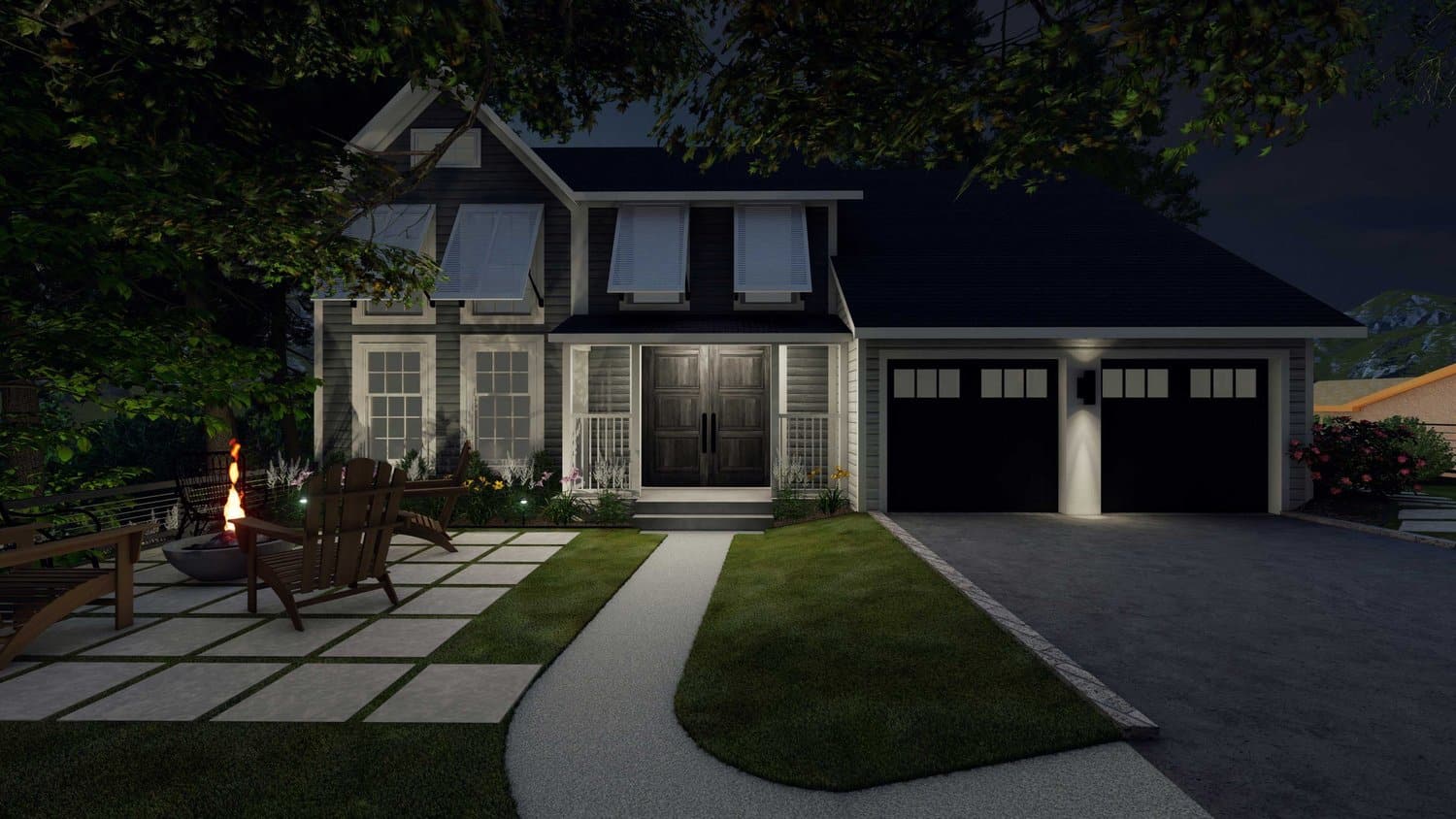 Ocean City front yard with paver patio fire pit seating area and concrete driveway