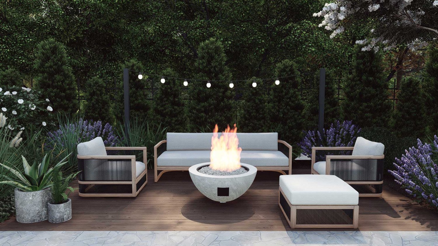 Ocean City wooden floor patio with string lights above fire pit seating area in a garden