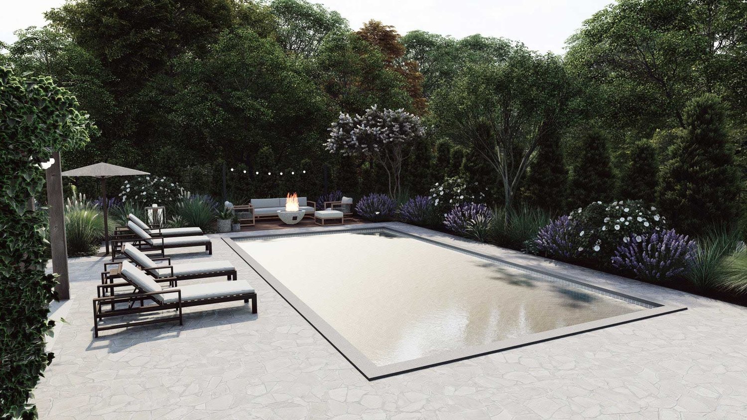Ocean City in-ground pool in a garden, with lounge and fire pit seating area