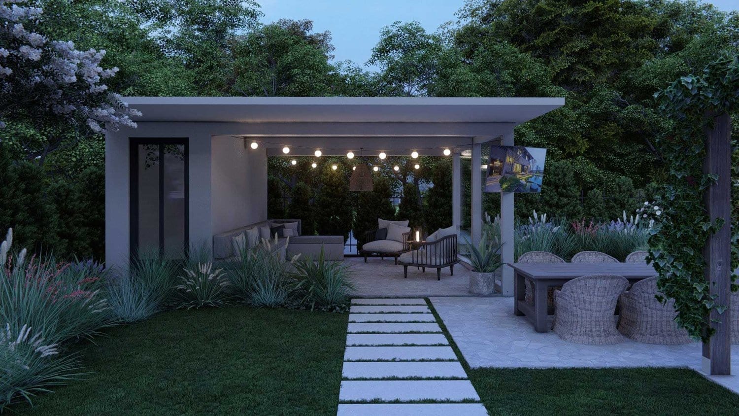 Ocean City backyard garden with dining area and patio with pergola over lounge set