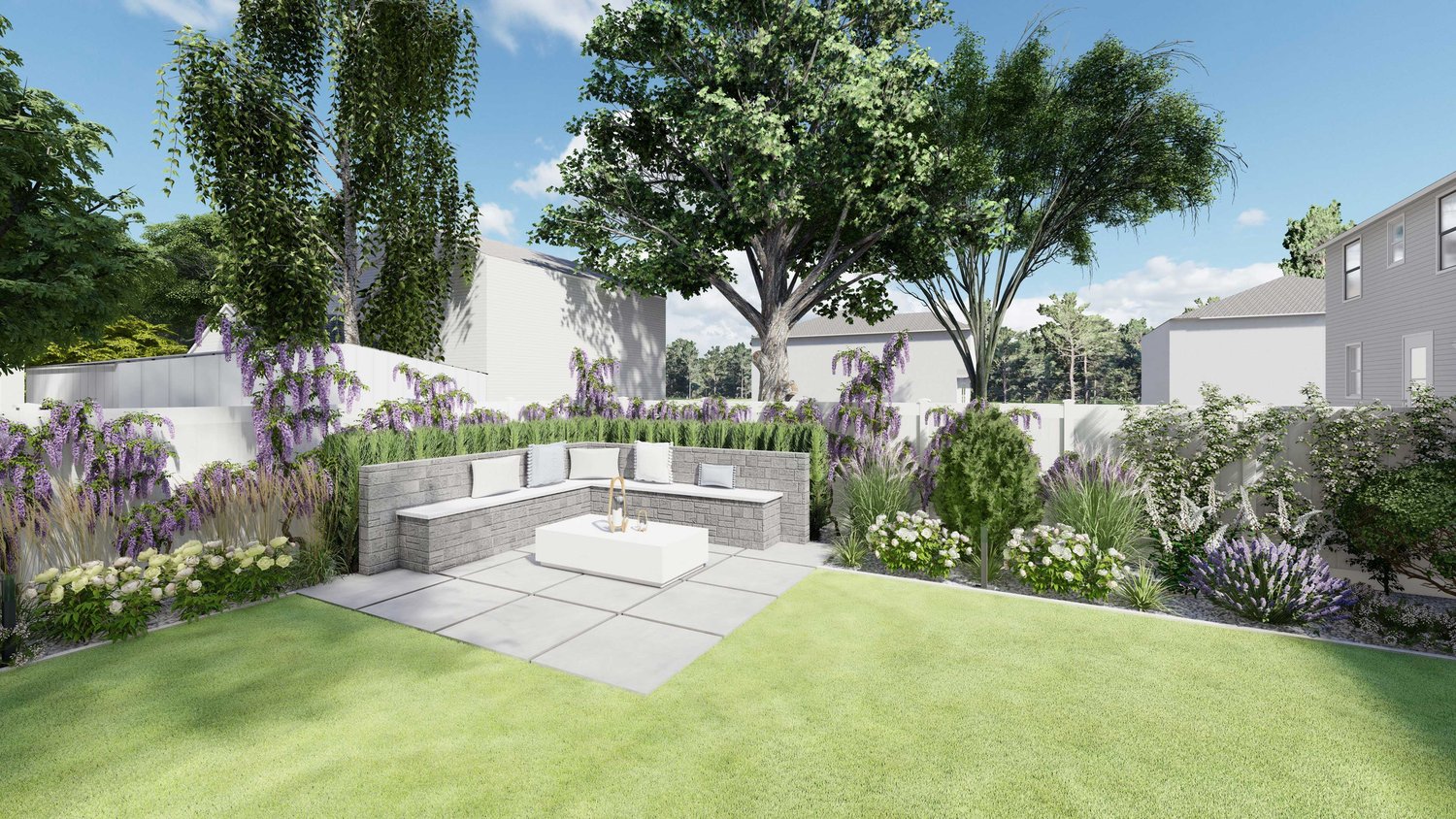 Ocean City paver patio lounge area in a backyard garden