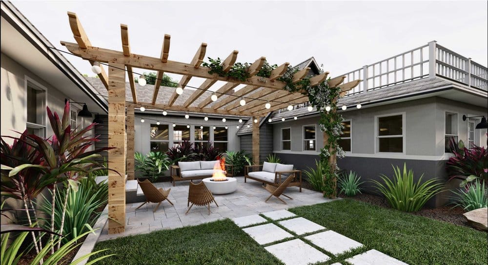 Orlando yard design with Pergola-covered Paver Patio and fire pit