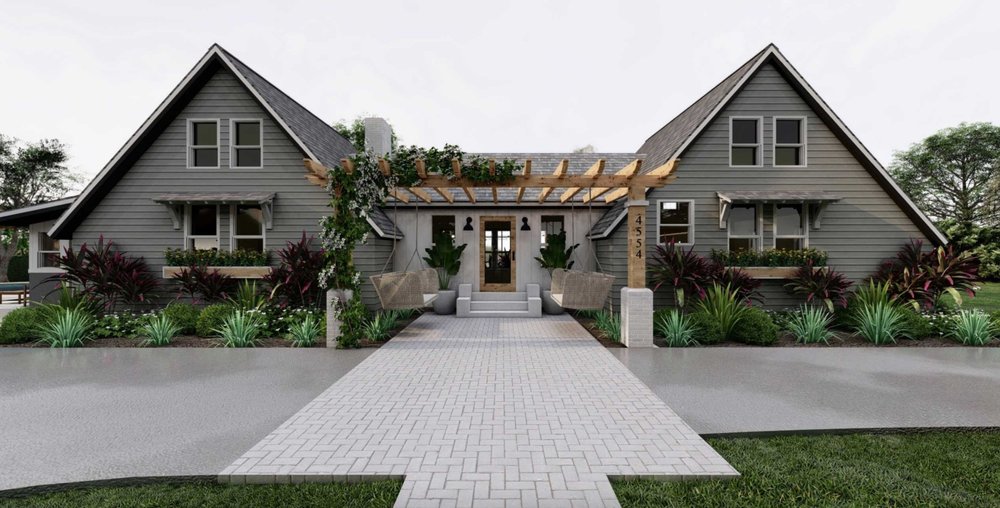 Orlando Front Yard Design with Pergola-covered Paver Patio and Porch Swings