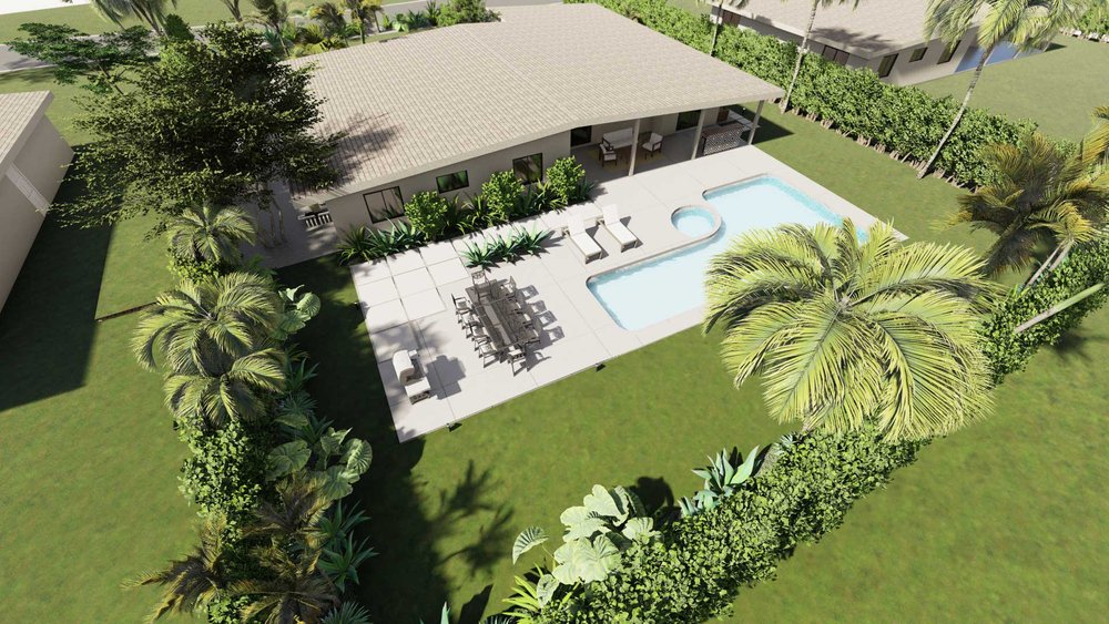 Area view of Palm Beach front yard with pool and soft scapes