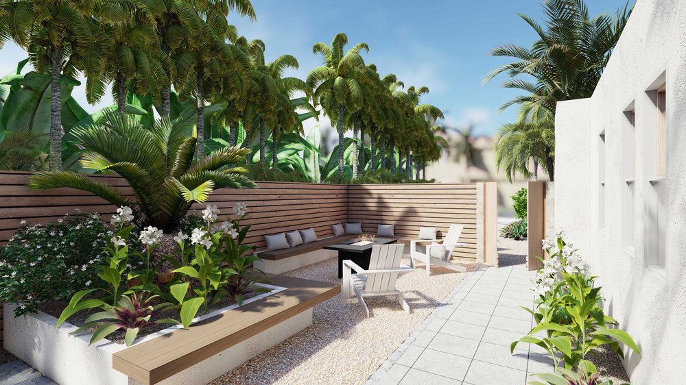 Palm Beach side yard with patio and plants