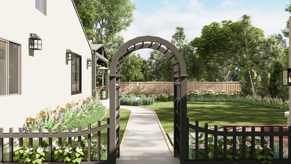 Fenced Palo Alto yard with walkway and arbor