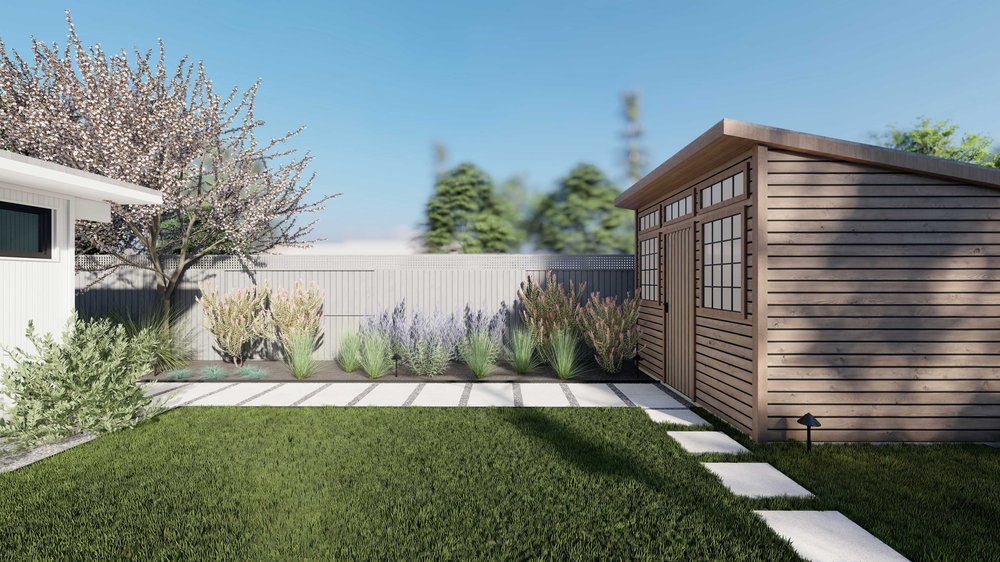 Palo Alto backyard design with walkway and sod