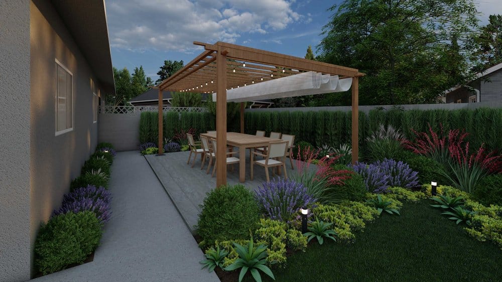 Palo Alto yard with Pergola-covered Paver Patio and plants