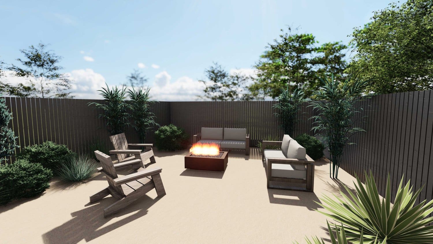 Park City backyard with fire pit seating place and surrounding plants