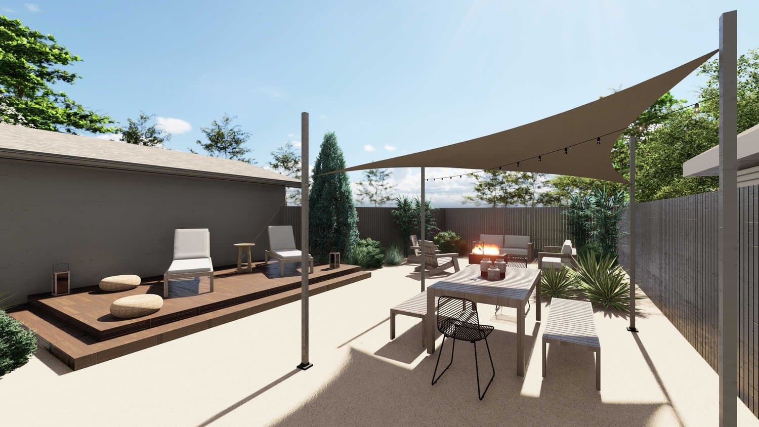 Park City fenced concrete floored backyard with seating area with triangle sun shade sail covering, deck patio seating area and fire pit seating area in the background