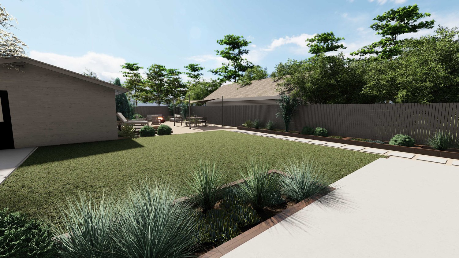 Park City front yard with lawn and plant bed, and concrete paver path leading to the backyard with seating areas