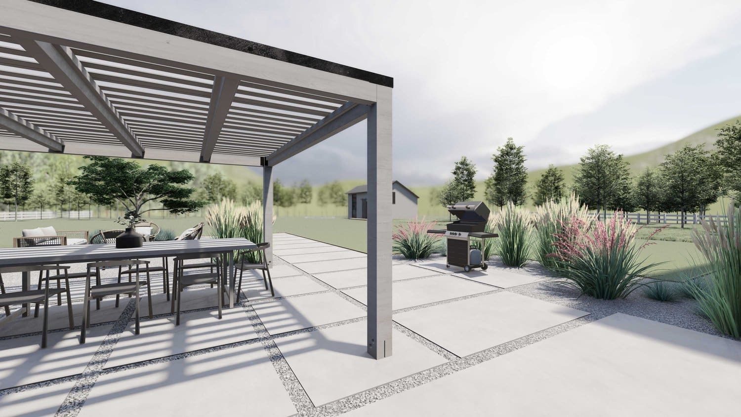 Park City paver patio with pergola over dining area, outdoor kitchen, plants and trees