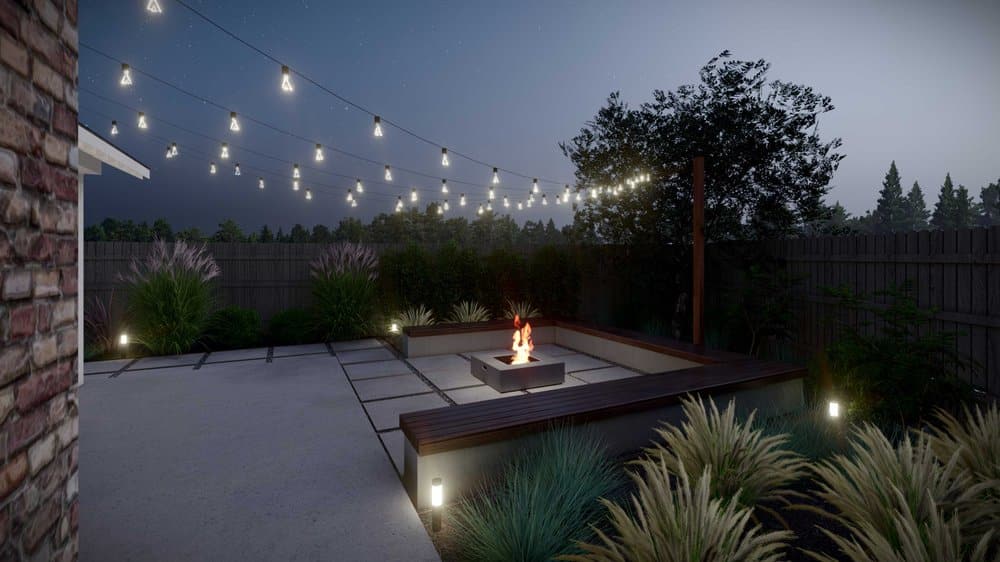 Portland yard design with fire pit and hanging lights