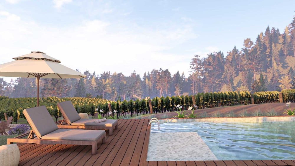 Portland decked pool design with chaise lounge and patio umbrella