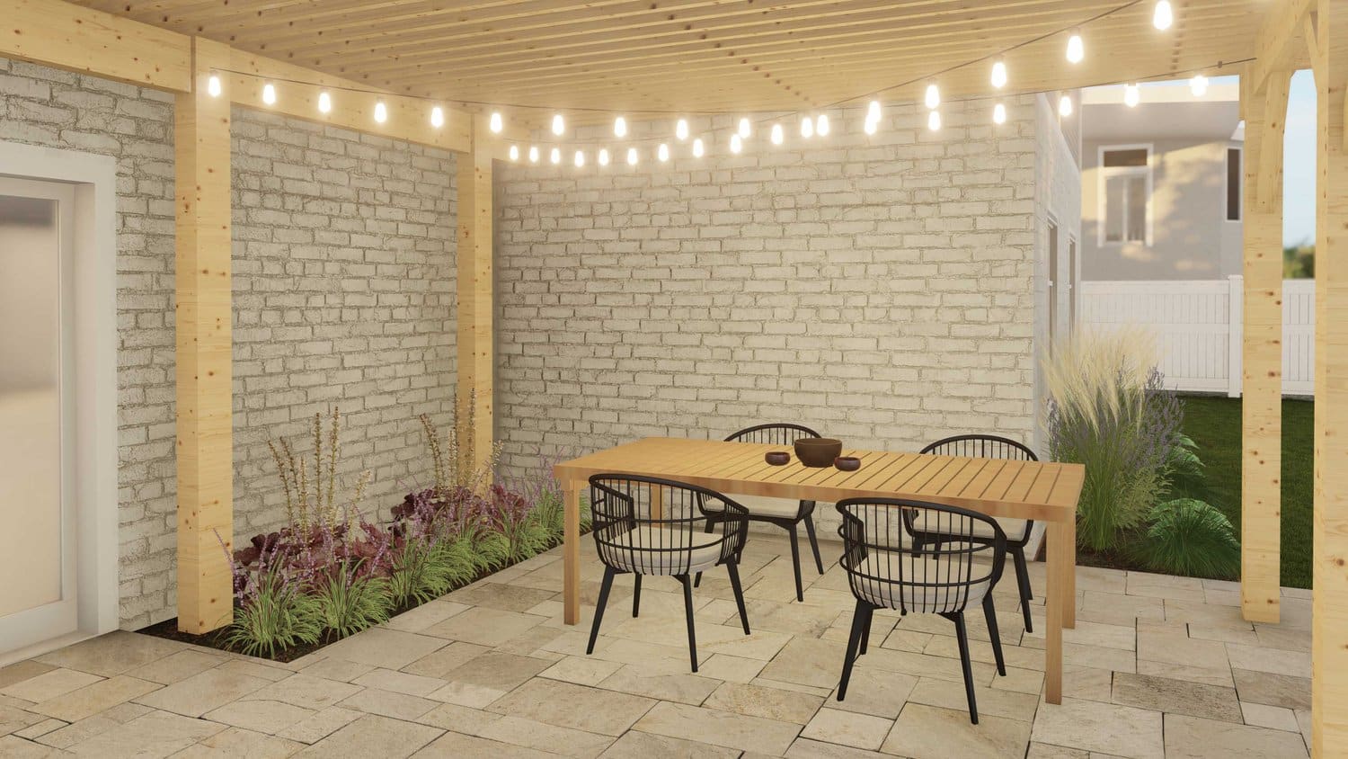 Potomac backyard patio design with hanging lights