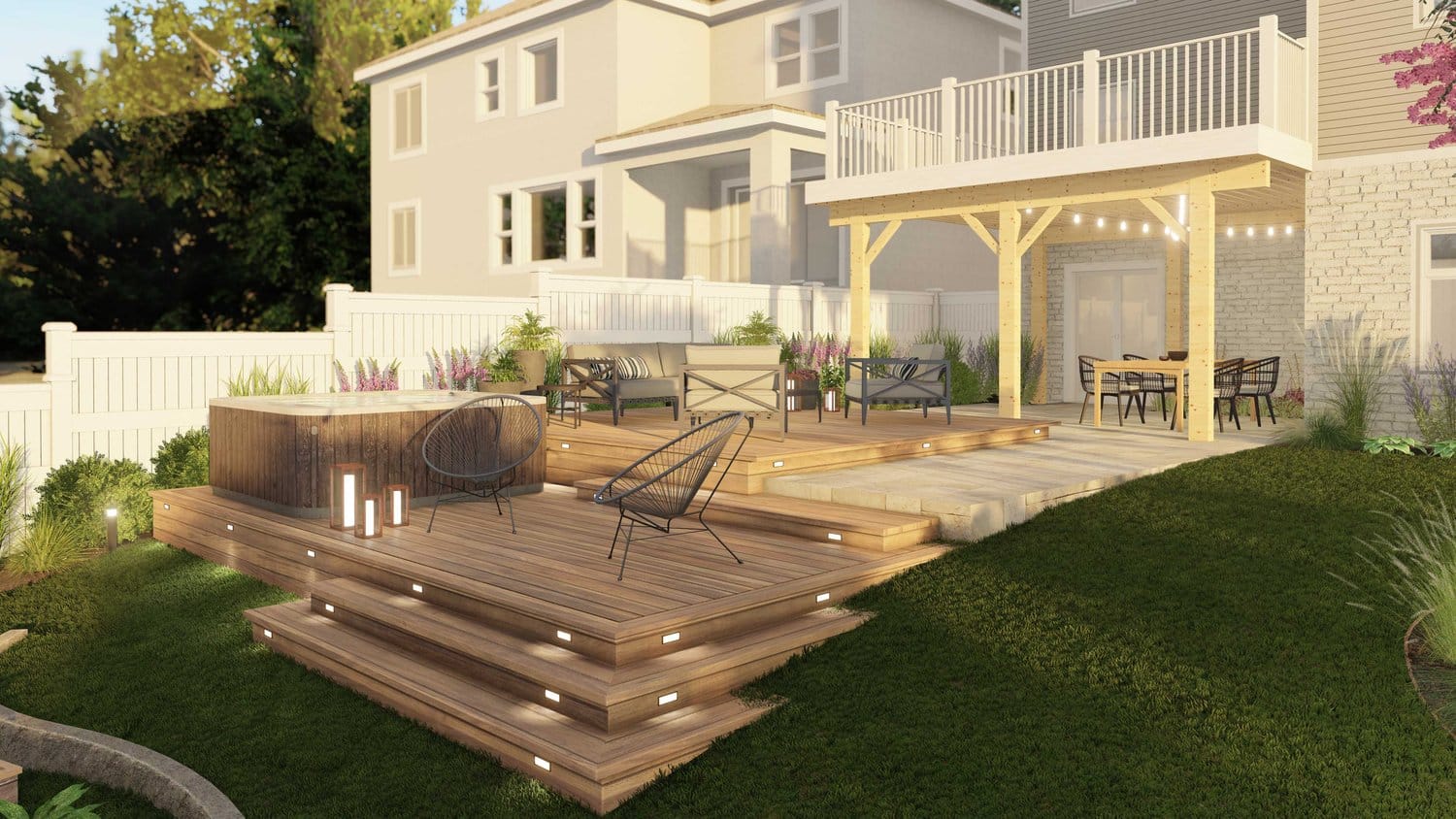 Potomac backyard patio design with deck and outdoor light