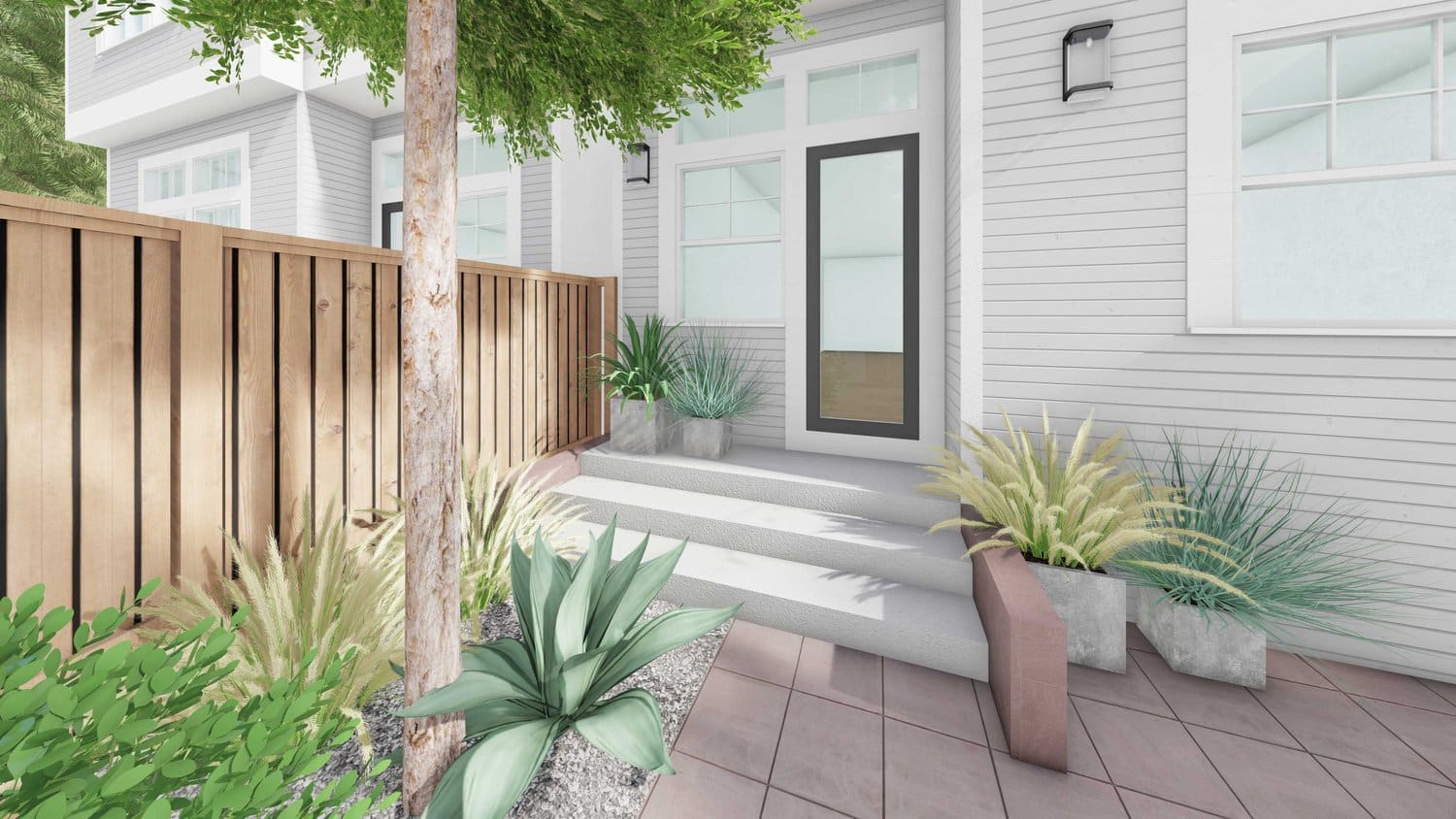 Sacramento front yard with concrete paver flooring, concrete steps, plants and tree in gravel, and planters