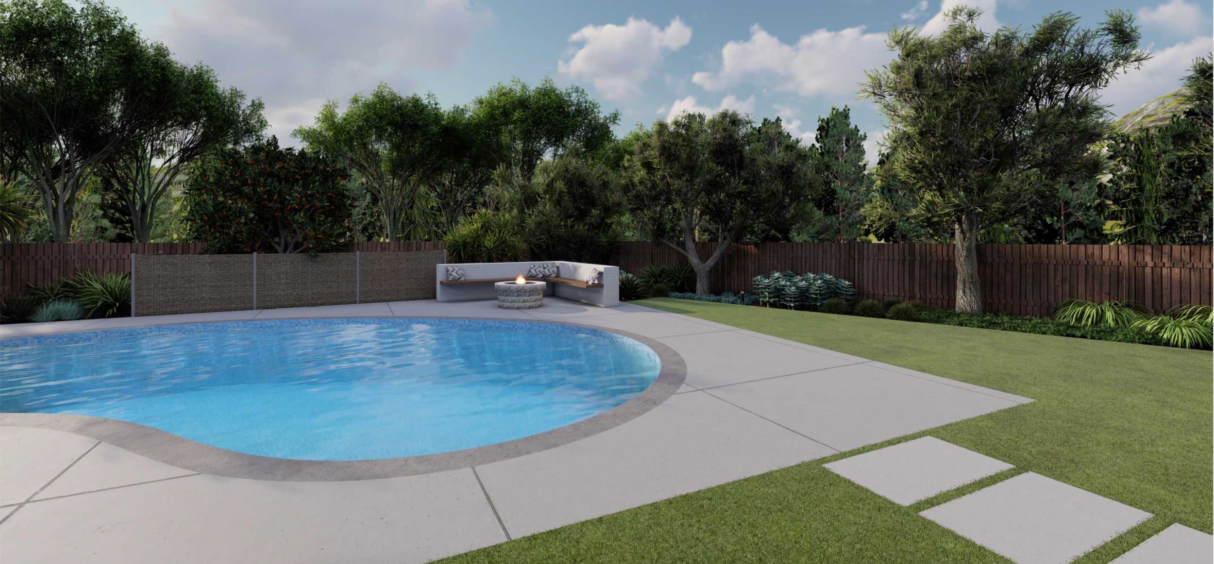 Sacramento elegant backyard pool area with fire pit seating area